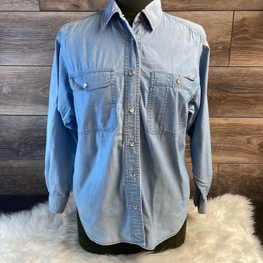 Lizsport Ladies Denim Look Snap Front Long Sleeve Blouse,100% Cotton,Blue,Small